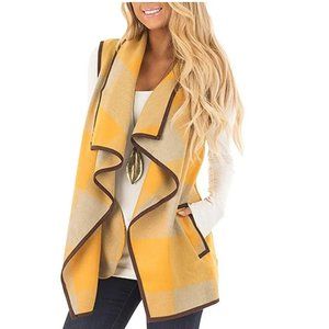 Open Front Fleece Vest Pockets Yellow Tan Buffalo Plaid Women M